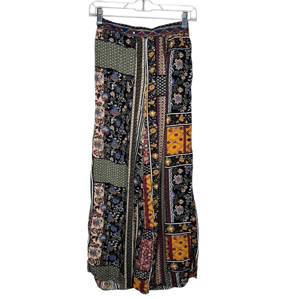 JAASE / black orange burgundy floral patchwork boho wide leg pants / XS